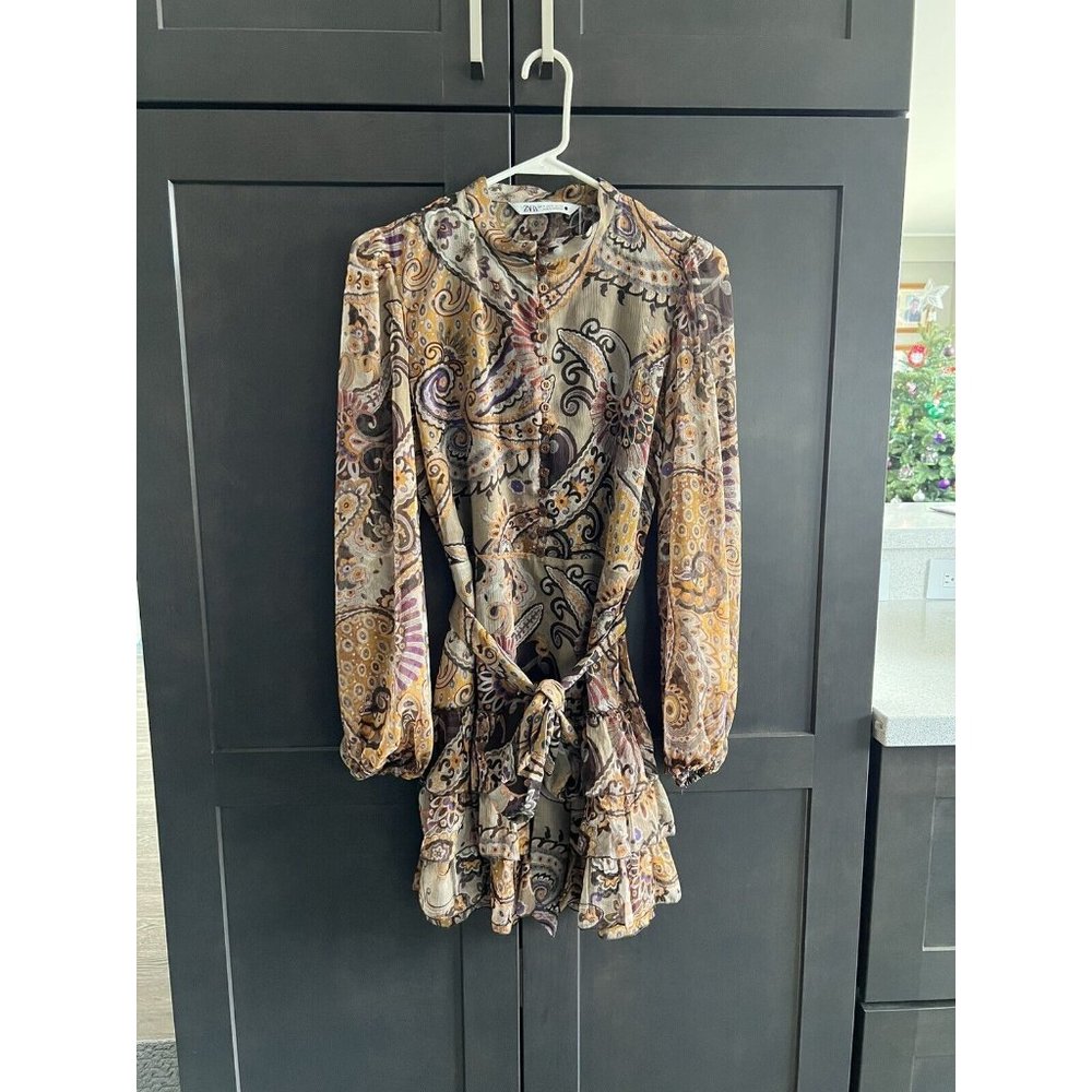 Zara Paisley Print Mini Dress in Brown and Cream